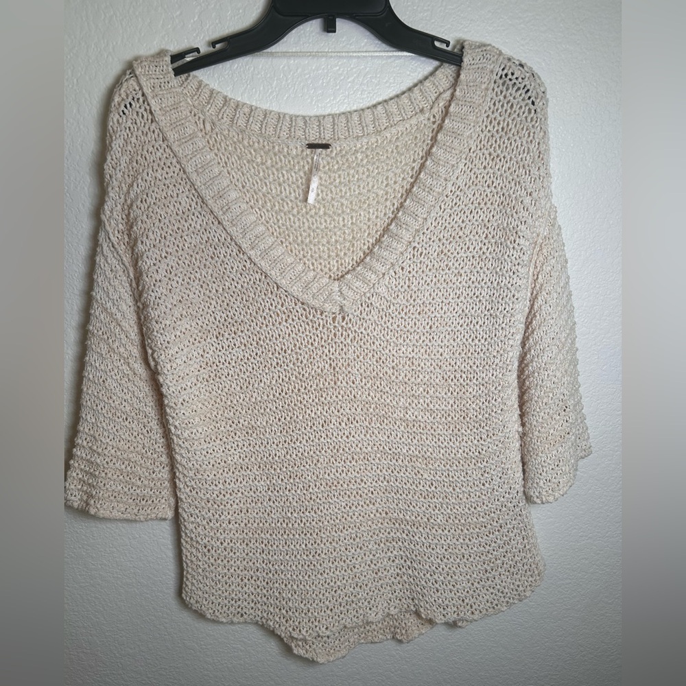 Free People Cream V-Neck  Cable Knit Sweater Short Sleeve Oversized Sz Small